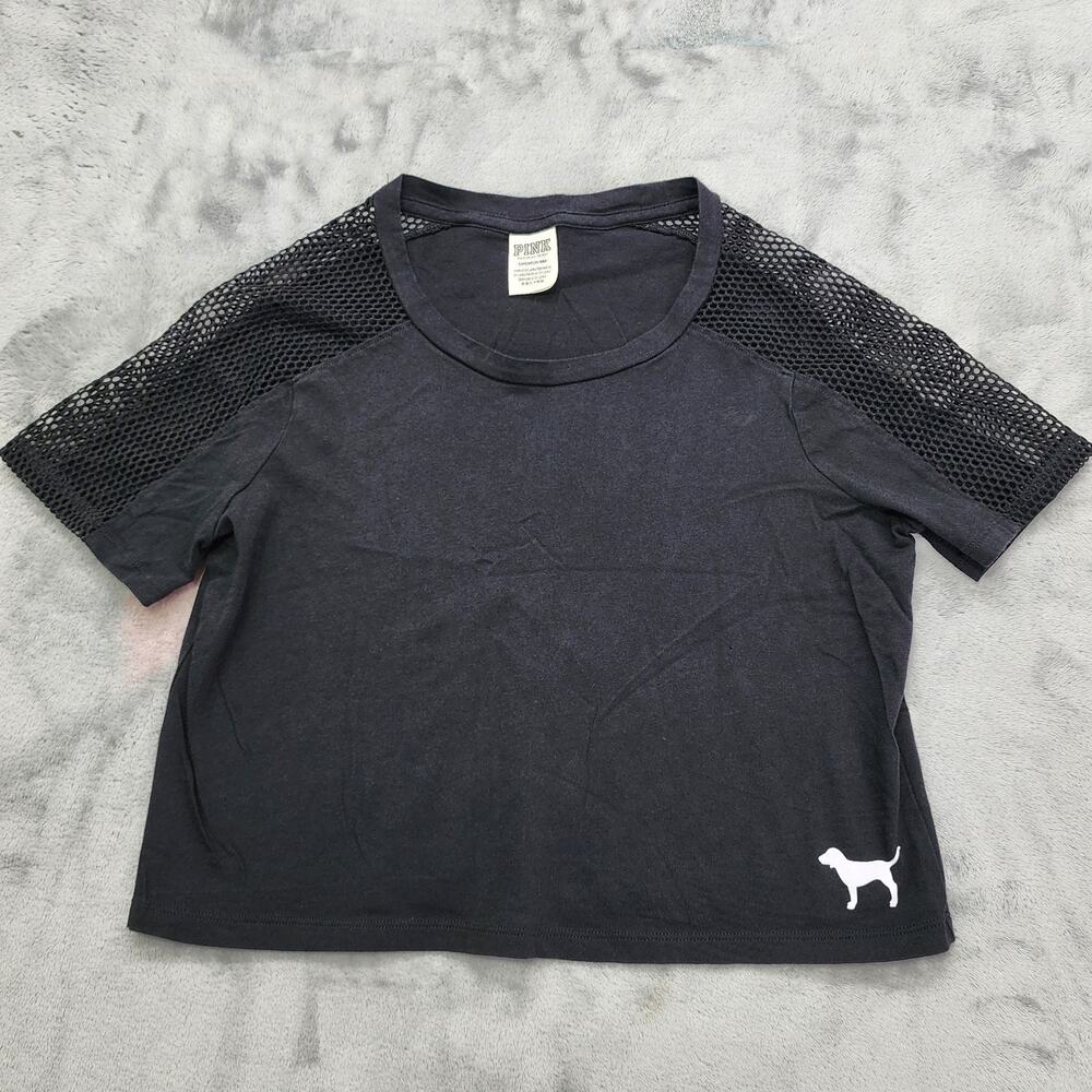 PINK Victoria’s Secret Top Womens S Black Logo Mesh Perfect Crop Short Sleeves